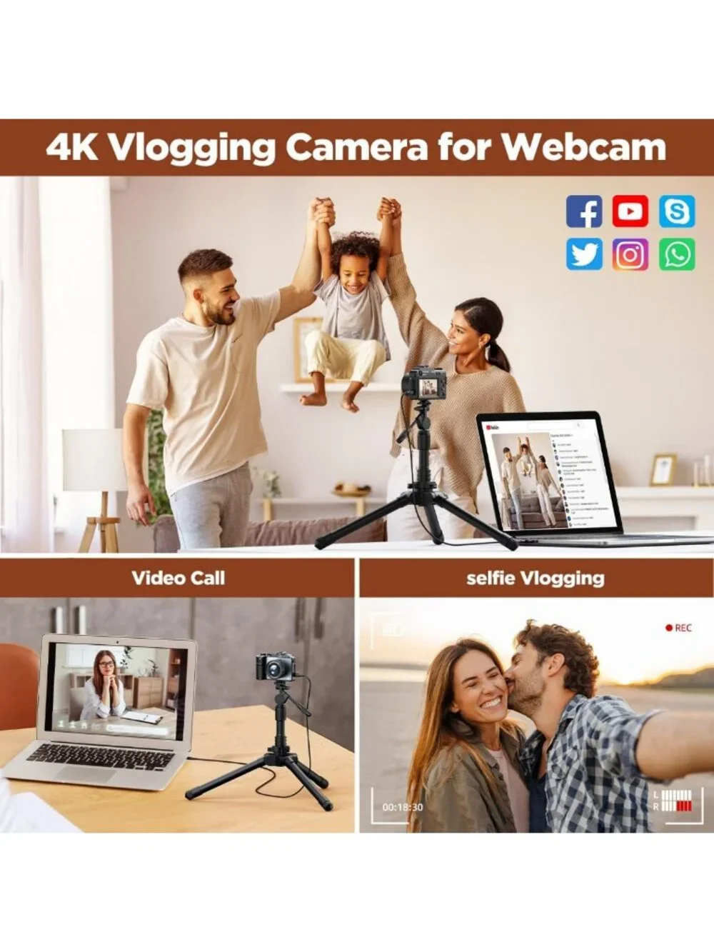 64MP 4K Digital Camera for Photography & Vlogging, Dual Lens, 18X Zoom, Compact